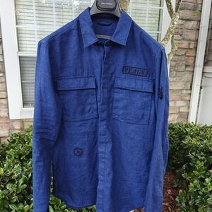 John Varvatos Blue Long Sleeve Shirt with Peace Embroidery